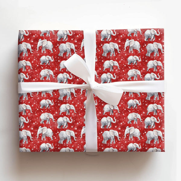 Red Snowy Holiday Gift Wrap, Watercolor Elephant Christmas Wrapping Paper, Adorable Winter Animal Wrapping Paper, Festive Hol