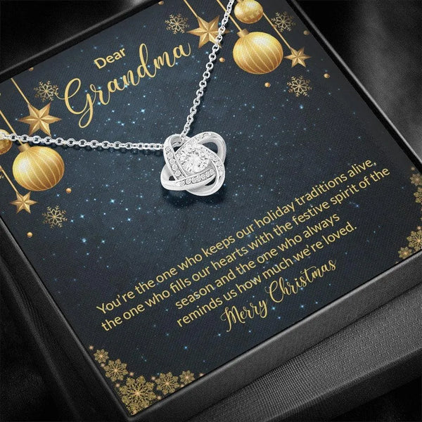 Christmas Knot Pendant Necklace, Love Knot Necklace for Grandma, 14k White Gold Finish Jewelry, Holiday Present for Grandmoth