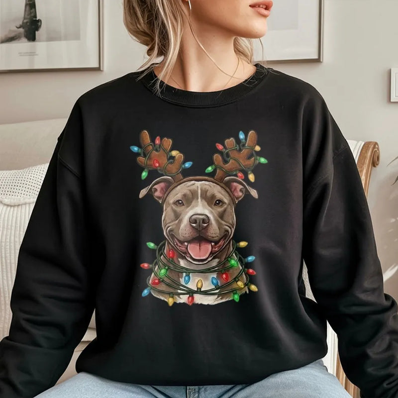 Reindeer Antlers Festive Dog Sweatshirt, Pitbull Christmas Sweatshirt, Adorable Holiday Puppy Sweatshirt, Dog Mom Xmas Crewneck, Dog Dad Present