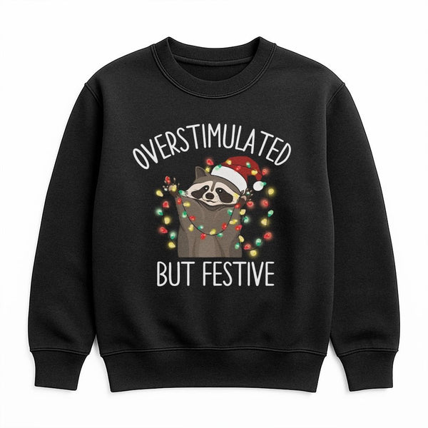Humorous Xmas Raccoon Sweater, Overstimulated but Festive Raccoon Sweatshirt, Adorable Christmas Lights Crewneck, Ugly Holida