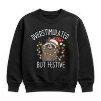 Humorous Xmas Raccoon Sweater, Overstimulated but Festive Raccoon Sweatshirt, Adorable Christmas Lights Crewneck, Ugly Holiday Party Sweater
