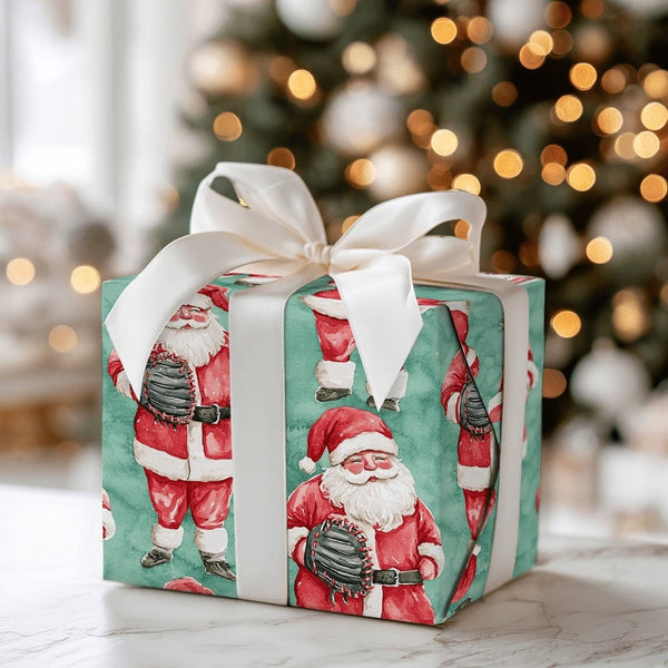 Santa with Glove Gift Wrap, Baseball Santa Christmas Wrapping Paper, Teal Holiday Baseball Wrapping Paper, Athlete Xmas Wrapp