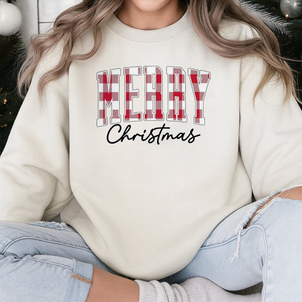 Red Buffalo Plaid Holiday Typography Crewneck, Merry Christmas Sweatshirt, Comfy Festive Winter Sweater, Christmas Present fo
