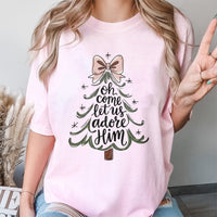 Coquette Bow Christmas Tree Tee, Oh Come Let Us Adore Him Shirt, Christian Holiday T-Shirt, Religious Xmas Graphic Tee, Faith Present for Her