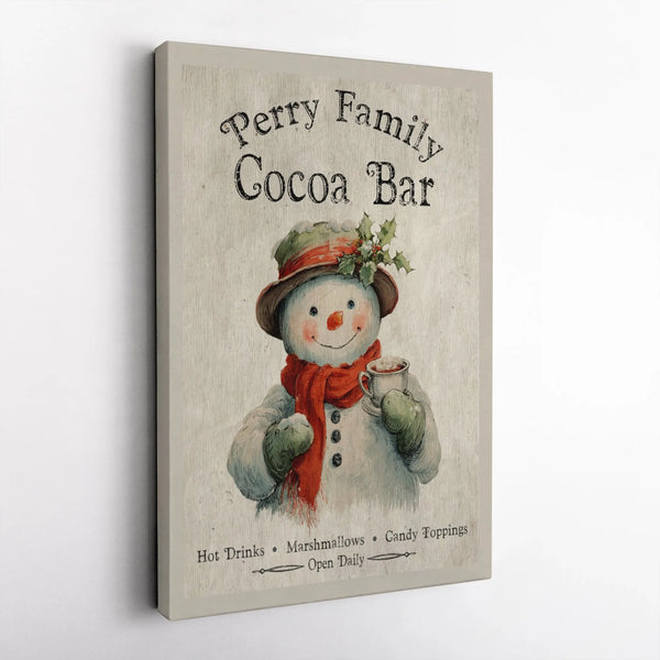 Vintage Snowman Canvas Print, Personalized Cocoa Bar Canvas Wall Art, Custom Hot Chocolate Canvas Sign, Christmas Kitchen Can