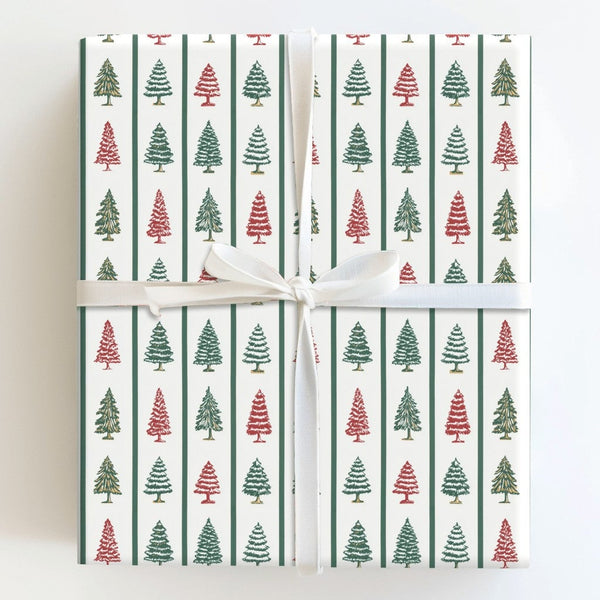 Red Green Pine Tree Gift Wrap, Striped Christmas Tree Wrapping Paper, Classic Holiday Present Paper, Traditional Striped Gift