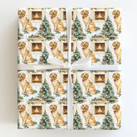 Dog Holiday Gift Wrap, Golden Retriever Christmas Wrapping Paper, Fireplace Dog Wrapping Paper, Adorable Puppy Gift Wrap, Pet Lover Present Wrap