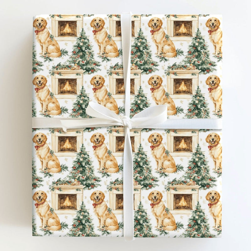 Dog Holiday Gift Wrap, Golden Retriever Christmas Wrapping Paper, Fireplace Dog Wrapping Paper, Adorable Puppy Gift Wrap, Pet Lover Present Wrap