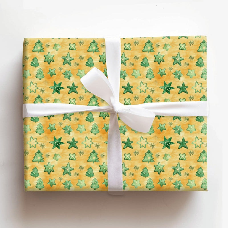 Golden Stars Holiday Gift Wrap, Watercolor Green Tree Christmas Wrapping Paper, Festive Forest Winter Wrapping Paper, Xmas Gift Wrap Roll