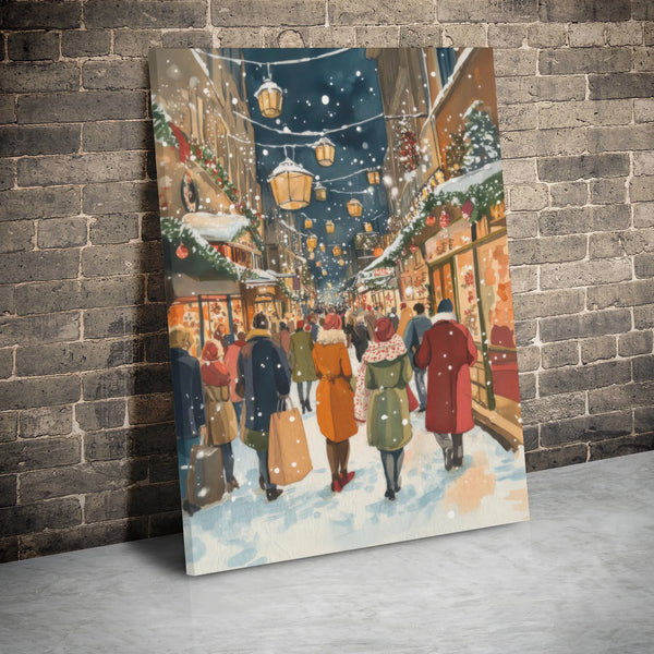 Snowy Night Winter City Wall Art, Christmas Shopping Street Canvas, Festive Holiday Townscape Print, Comfy Christmas Village 