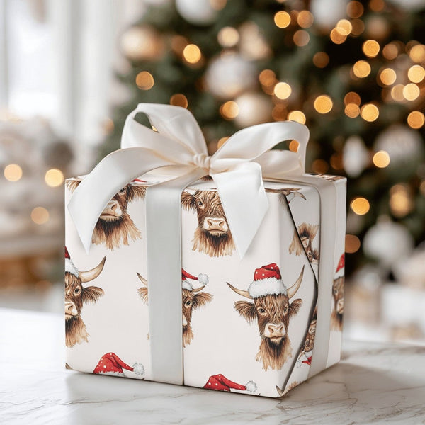 Santa Hat Animal Gift Wrap, Highland Cow Christmas Wrapping Paper, Rustic Cow Wrapping Paper Roll, Holiday Wrapping Paper, Xm