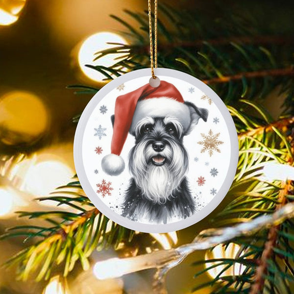 Santa Hat Dog Ornament, Miniature Schnauzer Christmas Ornament, Festive Puppy Ceramic Ornament, Pet Lover Present, Xmas Tree 