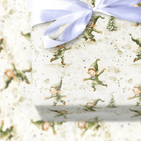 Watercolor Christmas Elves Gift Wrap, Dancing Elves Wrapping Paper, Festive Pine Tree Holiday Paper Roll, Adorable Elf Xmas Wrapping Paper