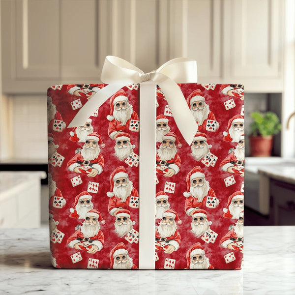 Video Game Santa Christmas Gift Wrap, Gamer Santa Poker Wrapping Paper, Humorous Gaming Holiday Wrapping Paper, Red Card Play