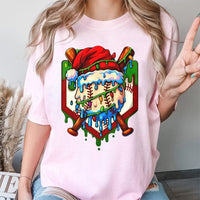Santa Hat Drip Sports Graphic Tee, Christmas Baseball T-Shirt, Holiday Baseball Bats Shirt, Festive Athletic Crew Tee, Baseball Fan Present