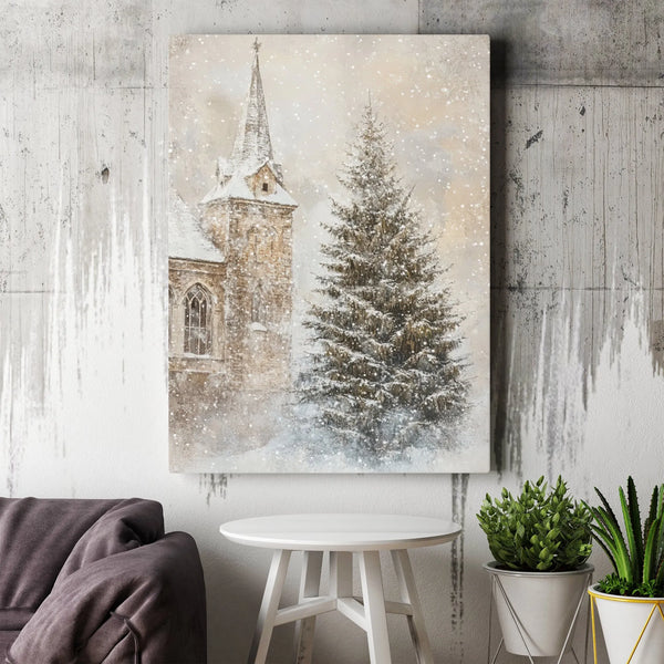 Snowy Christmas Tree Canvas Print, Winter Church Canvas Wall Art, Winter Landscape Canvas, Rustic Holiday Wall Decor, Christm