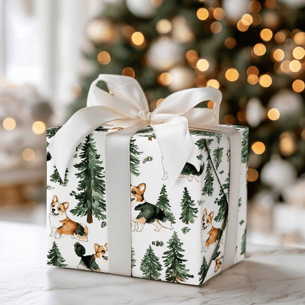 Watercolor Dog Forest Gift Wrap, Corgi Pine Tree Wrapping Paper, Adorable Holiday Corgi Wrapping Paper, Winter Christmas Dog 