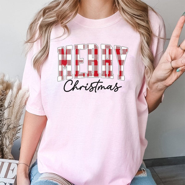 Red Plaid Christmas Shirt, Buffalo Plaid Merry Christmas T-Shirt, Festive Holiday Graphic Tee, Comfy Xmas Buffalo Plaid Shirt
