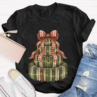 Bookworm Holiday Graphic Tee, Books Bows Lights Christmas Tree Shirt, Comfy Bookish Christmas T-Shirt, Reader Teacher Xmas Present Tee