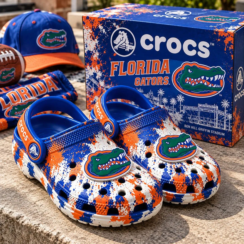 FLA Splatter - Gator Head Clogs in Orange and Blue
