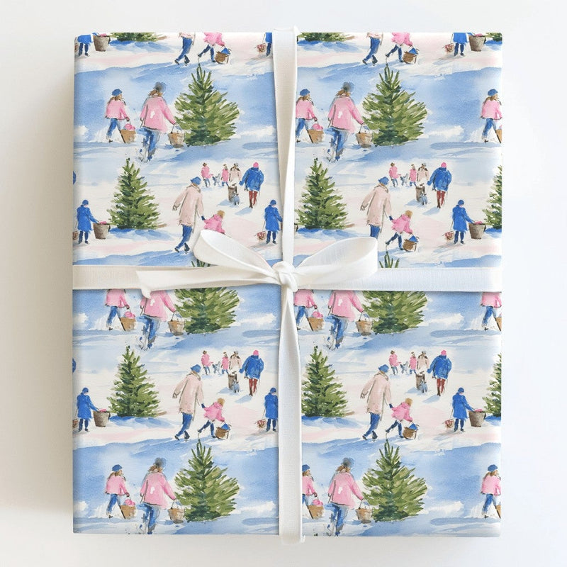 Snowy Holiday Scene Gift Wrap, Christmas Tree Farm Wrapping Paper, Watercolor Christmas Wrapping Paper, Nostalgic Winter Gift Wrap Roll