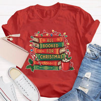 Comfy Bookworm Holiday Reading Shirt, All Booked for Christmas T-Shirt, Bookish Christmas Tree Graphic Tee, Book Lover Christmas T-Shirt