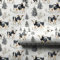 Winter Forest Cow Gift Wrap, Watercolor Cow Wrapping Paper, Rustic Farmhouse Christmas Wrapping Paper, Country Holiday Animal Present Paper