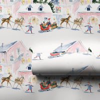 Watercolor Santa Sleigh Gift Wrap, Snowy Village Christmas Wrapping Paper, Whimsical Winter Village Wrapping Paper, Holiday Gift Wrap