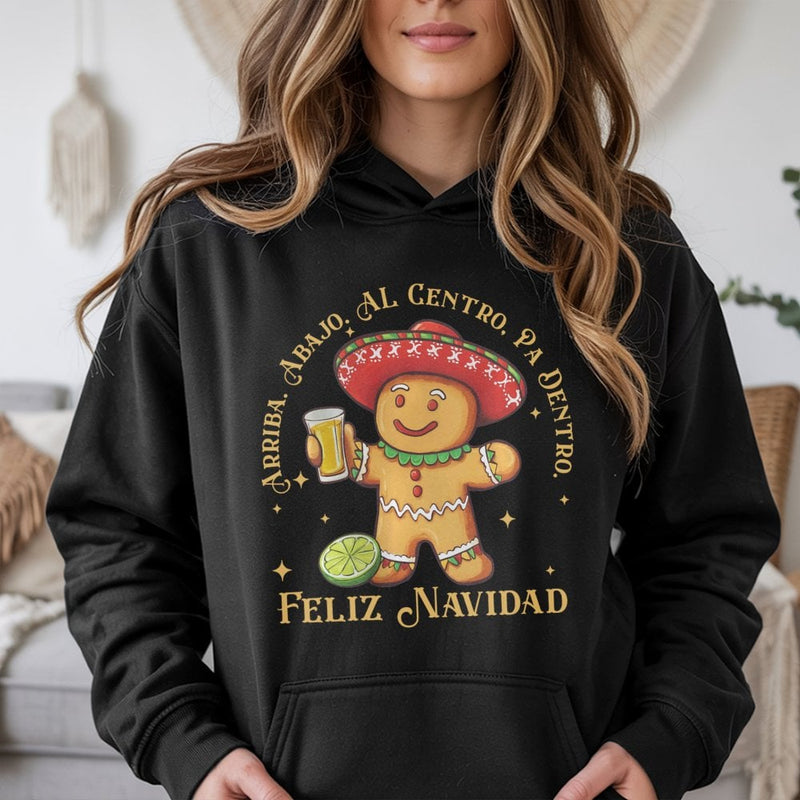 Humorous Mexican Christmas Drinking Sweatshirt, Feliz Navidad Gingerbread Hoodie, Latino Holiday Tequila Hooded Pullover, Xmas Party Hoodie