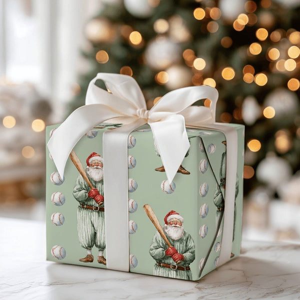 Vintage Baseball Gift Wrap, Baseball Santa Wrapping Paper, Sage Green Holiday Wrapping Paper, Sports Fan Christmas Gift Wrap 