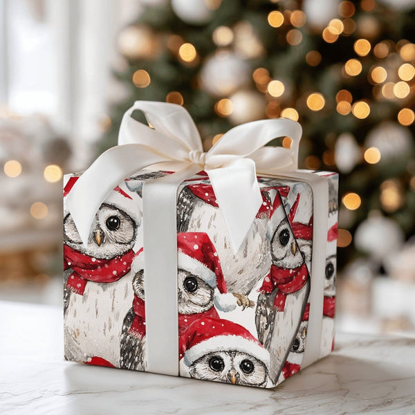 Santa Hat Adorable Owl Gift Wrap, Christmas Owl Wrapping Paper, Watercolor Festive Owl Wrapping Paper, Winter Holiday Present