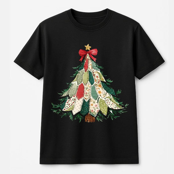 Rustic Holiday Graphic Tee, Patchwork Christmas Tree T-Shirt, Adorable Festive Xmas Tree Shirt, Vintage Winter Graphic T-Shir