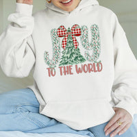 Christmas Tree Plaid Bow Hooded Sweatshirt, Joy to the World Hoodie, Christian Holiday Pullover, Festive Xmas Hoodie, Winter Holiday Present