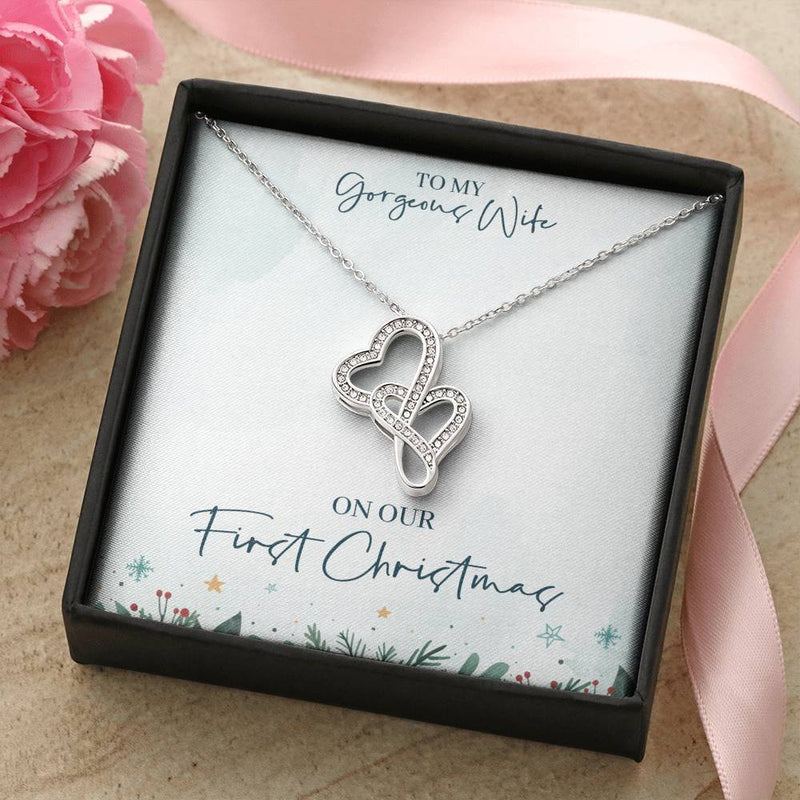 Interlocking Hearts Pendant, Double Heart Necklace for Wife, 14K White Gold Heart Necklace, Romantic Heart Jewelry, First Christmas Present