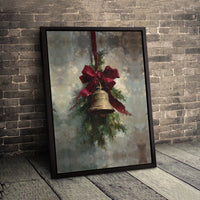 Vintage Holiday Oil Painting Print, Christmas Bell Canvas Wall Art, Rustic Festive Wall Decor, Instant Download Digital Christmas Art