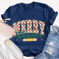Holiday Educator Graphic Tee, Plaid Pencil Merry Teacher Christmas T-Shirt, Adorable Winter School Teacher Shirt, Christmas Teacher Present