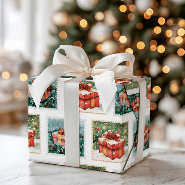 Vintage Watercolor Holiday Wrapping Paper, Christmas Postage Stamp Wrapping Paper, Festive Gift Box Wrapping Paper, Winter Xm