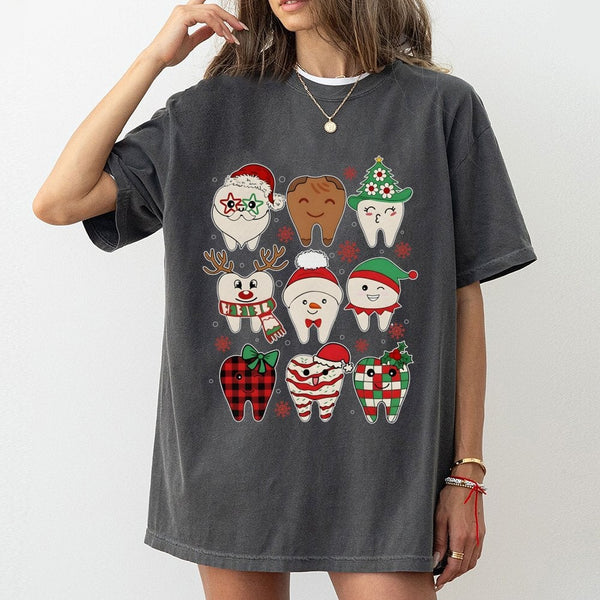 Adorable Teeth Characters Holiday Graphic Tee, Dental Christmas Shirt, Dentist Dental Hygienist T-Shirt, Assistant Clinic App