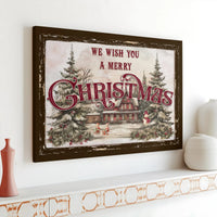 Vintage Winter Village Snowman Print, Merry Christmas Canvas Wall Art, Pine Trees Holiday Artwork, Festive Wall Decor, Seasonal Xmas Present