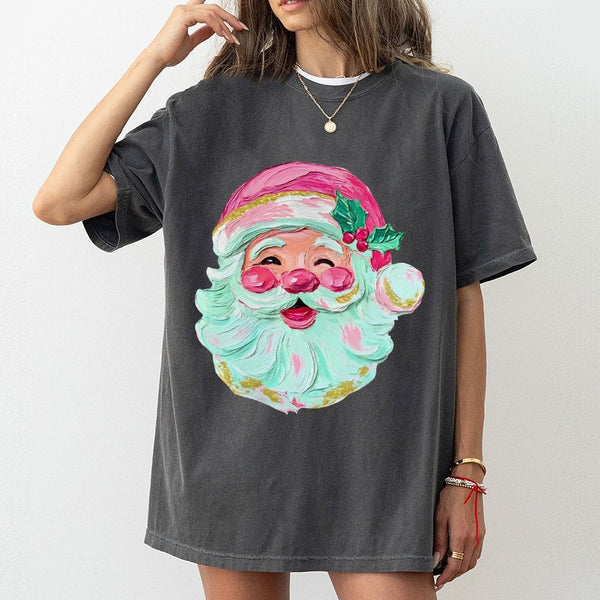 Textured Brushstroke Christmas Shirt, Retro Santa T-Shirt, Vintage Santa Claus Graphic Tee, Adorable Holiday Season T-Shirt, 