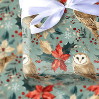 Rustic Poinsettia Owl Gift Wrap, Barn Owl Christmas Wrapping Paper, Woodland Botanical Wrapping Paper, Vintage Holiday Gift Wrap Roll