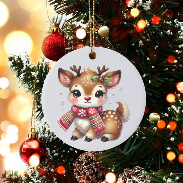 Adorable Deer with Scarf Ceramic Tree Ornament, Baby Reindeer Christmas Ornament, Kawaii Reindeer Holiday Keepsake, Festive X