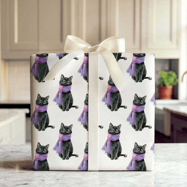 Cat in Purple Scarf Wrapping Paper, Black Cat Christmas Wrapping Paper, Adorable Kitten Holiday Wrapping Paper, Winter Gift W