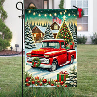 Winter Farmhouse Snow Scene Yard Flag, Vintage Red Pickup Truck Christmas Garden Flag, Double Sided Holiday Lawn Flag, Xmas Yard Decor