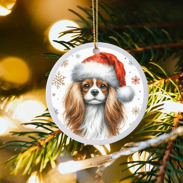 Santa Hat Dog Christmas Ornament, Cavalier King Charles Spaniel Ornament, Glossy Ceramic Tree Ornament, Dog Lover Keepsake, H