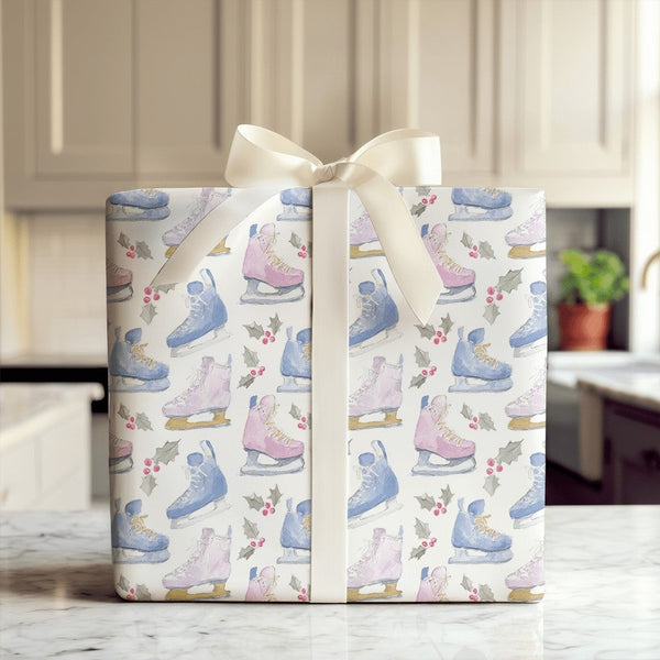 Winter Sports Gift Wrap, Watercolor Ice Skate Wrapping Paper, Ice Skating Gift Wrapping Paper, Holiday Present Paper, Christm