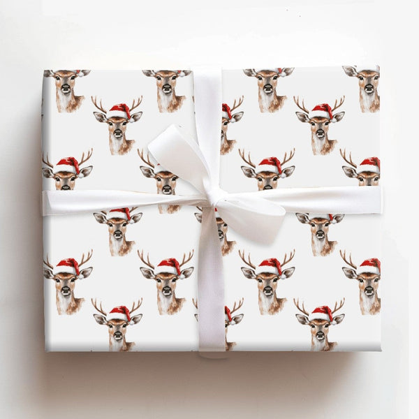 Woodland Animal Gift Wrap, Watercolor Reindeer Wrapping Paper, Santa Hat Reindeer Wrapping Paper, Rustic Christmas Holiday Wr