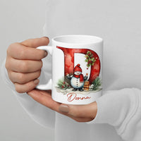 Personalized Initial D Winter Scene Coffee Cup, Christmas Snowman Monogram Mug, Festive Holiday Tea Mug, Ceramic Xmas Present for Her