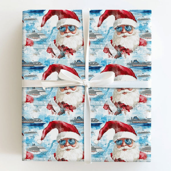 Christmas Cruise Gift Wrap, Tropical Santa Wrapping Paper, Beach Holiday Wrapping Paper, Watercolor Sunglasses Santa Paper Ro