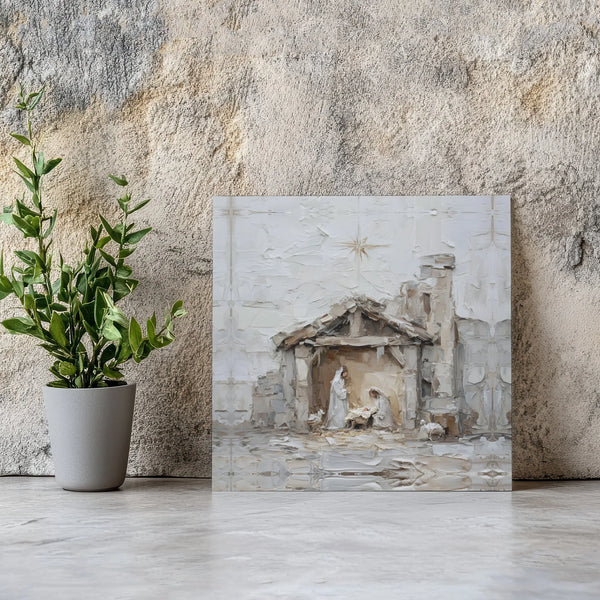 Palette Knife Christmas Canvas Art, Nativity Scene Square Canvas, Holy Family Stretched Canvas Print, Religious Holiday Wall 